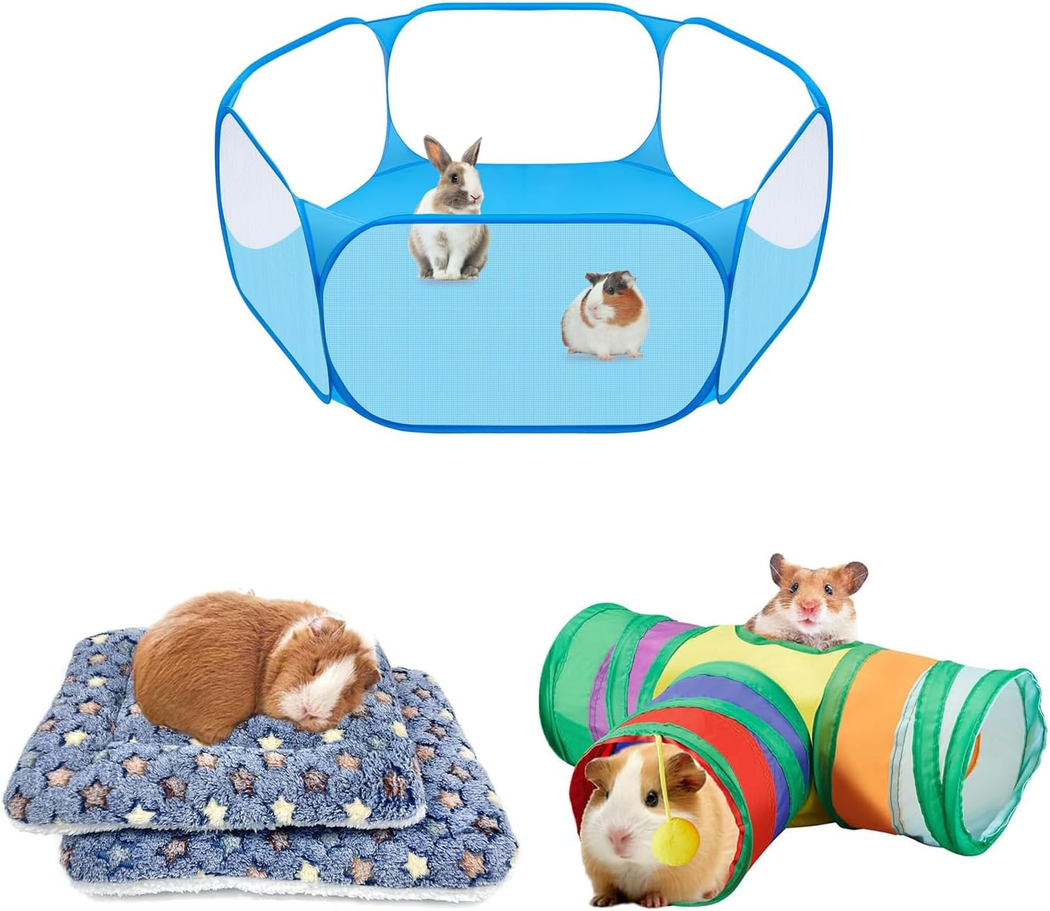 Small Animals C&C Cage Tent, Breathable and Transparent Pet Playpen & 2 Pcs Guinea Pig Bed Mat Washable, Rabbit Winter Bed Pad for Indoor & Guinea Pig Tunnels and Tubes, Hamster Play Tubes with 3 Way
