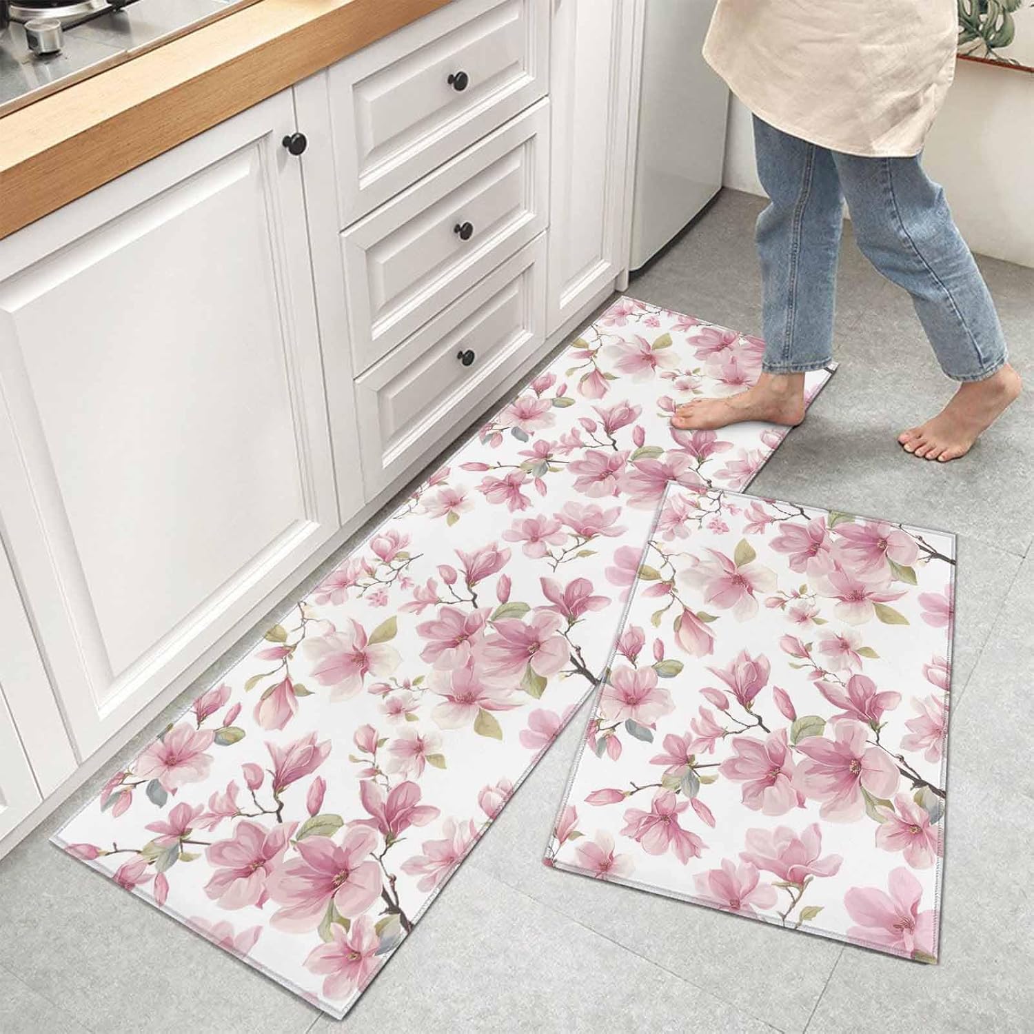 Kitchen Mats for Floor Spring Pink Blossom Flower Washable Non Slip Kitchen Rugs 2PCS, Watercolor Magnolia Floral Branch Absorbent Standing Mats for Sink Bathroom Office 15.7x23.6in+15.7x47.2in
