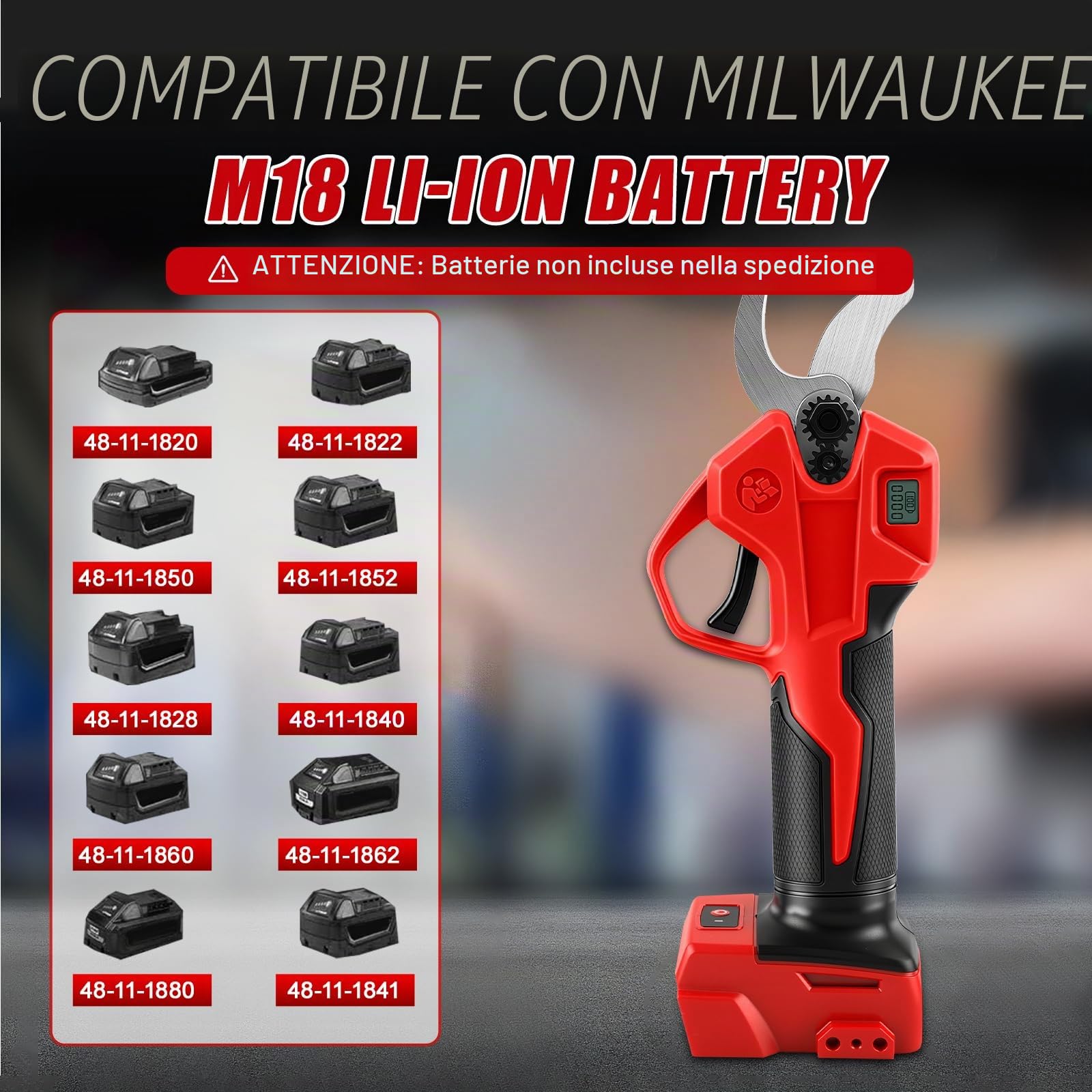 Troncarami a batteria professionale compatibile con Milwaukee 18 V batteria elettrica con display LCD 30 mm Diametro massimo di taglio per rami, arbusti e tronchi (senza batteria)