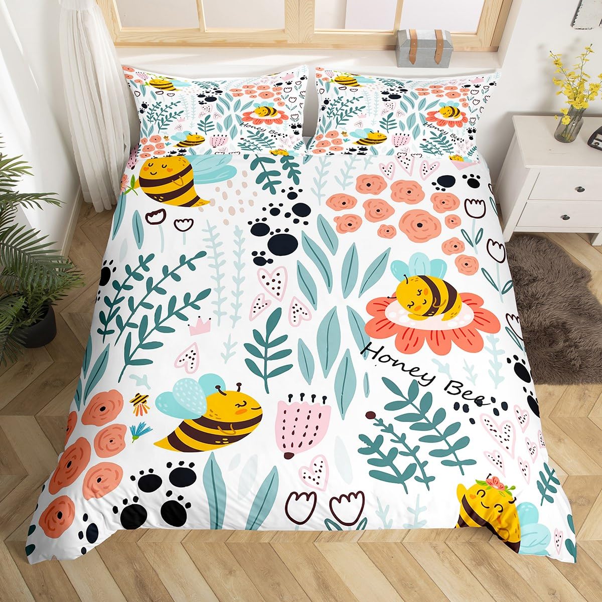 Parure de lit mignonne fleur avec housse de couette abeille 220x240 pour fille garçon