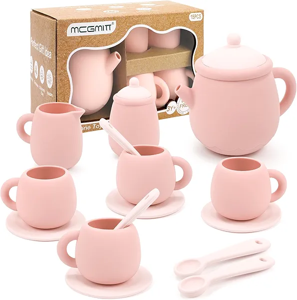MCGMITT Silicone Tea Party Set, Toy Tea Set for Toddlers Kids, Includes Teapot, 4 Tea Cup and Coasters, Creamer, Sugar Bowl, 4 Spoon, Dishwasher Safe Pretend Teapot Set for Girls Boys Birthd
