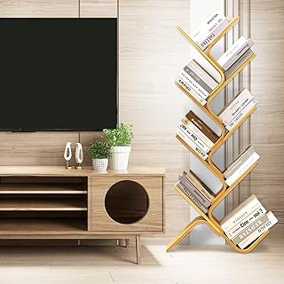 8-Tier Floor Bamboo Tree Bookshelf, Modern Standing Bookcase Office Book...