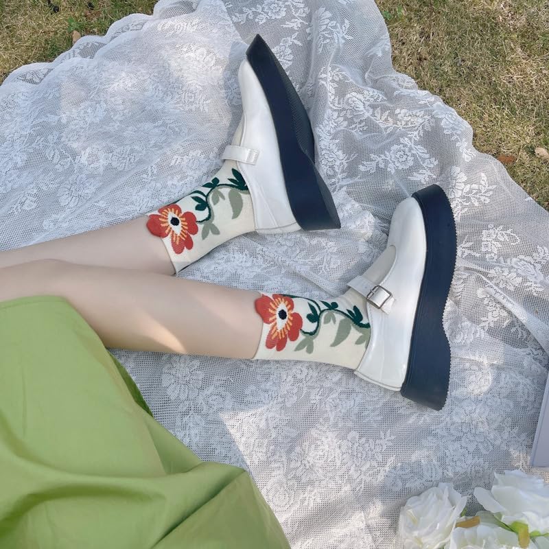 5/10 Pairs Embroidered Floral Socks for Women Combed Cotton Above Ankle Crew Socks - Image 5