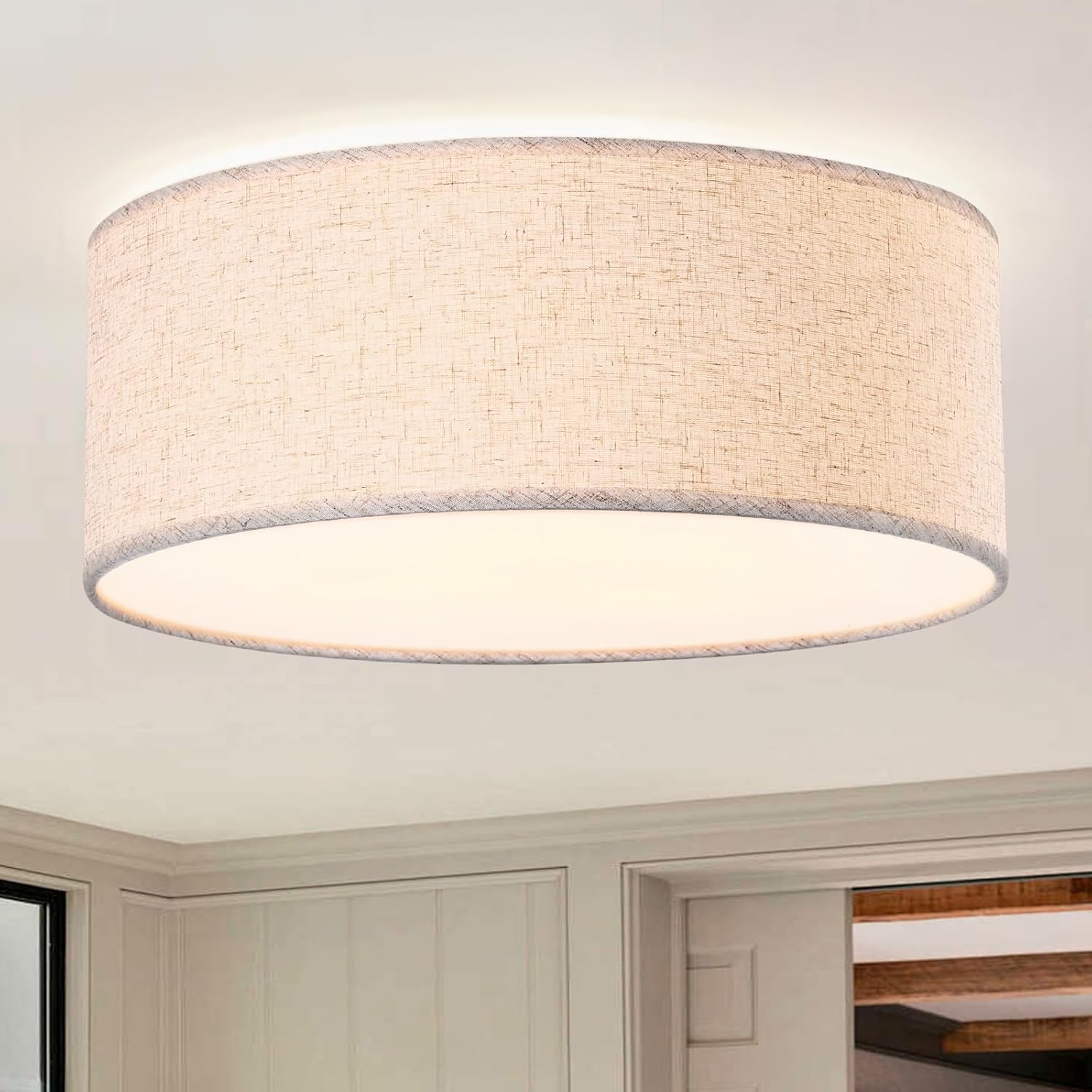 15.7-inch Modern Ceiling Light with Natural Linen Shade, Three-Light recessed Drum Fixture, UL-Certified for bedrooms, Kitchens, Living Rooms, hallways, and porches.