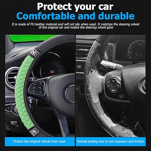 Miniatura 34 de Funda brillante para volante de automóvil, 15 pulgadas, con diamantes de imitación brillantes, piel suave, protector elástico, para mujeres, niñas