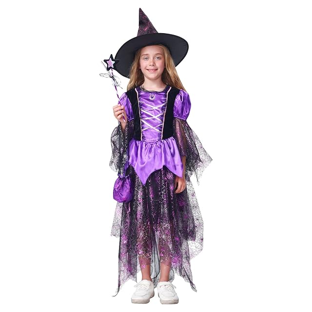 ITJMRJP Disfraz Bruja Niña Disfraz Bruja Halloween Niña Nños Incluido Vestido Sombrero Collar Halloween Traje…