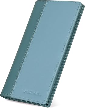 VISOUL Leather Long Checkbook Bi-fold Wallets with Zipper Pocket for Men and Women, RFID Blocking Tall Billfold Secretary Cash Wallet Light Blue and Teal