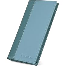 VISOUL Leather Long Checkbook Bi-fold Wallets with Zipper Pocket for Men and Women, RFID Blocking Tall Billfold Secretary Cash Wallet Light Blue and Teal