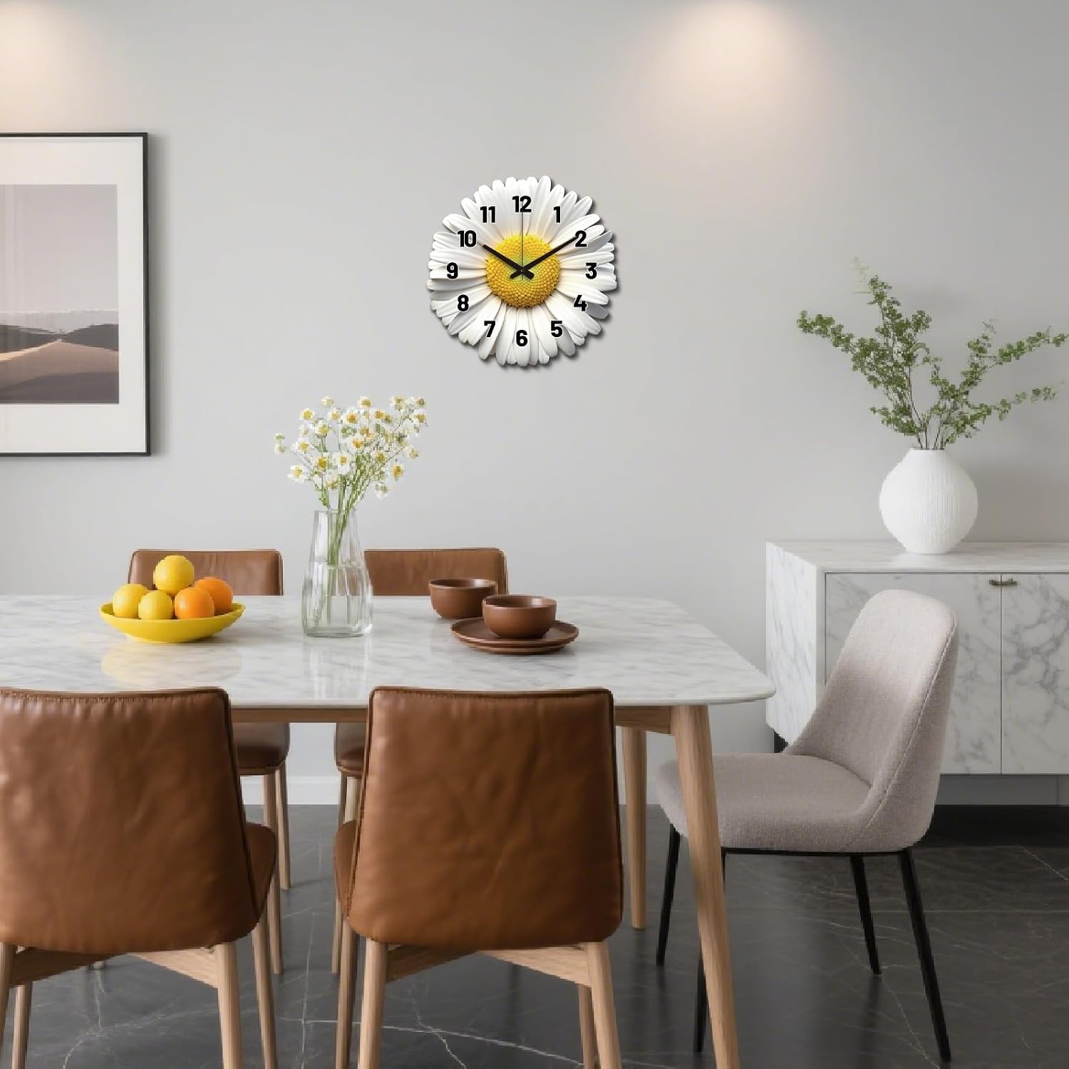 Wall Clock Daisy Pattern Non-Ticking Clock Irregular Shape Decorative Clocks Daisy Flower Flat Printing Wall Clocks for Home Office Decoration, 12.99x12.95 inch
