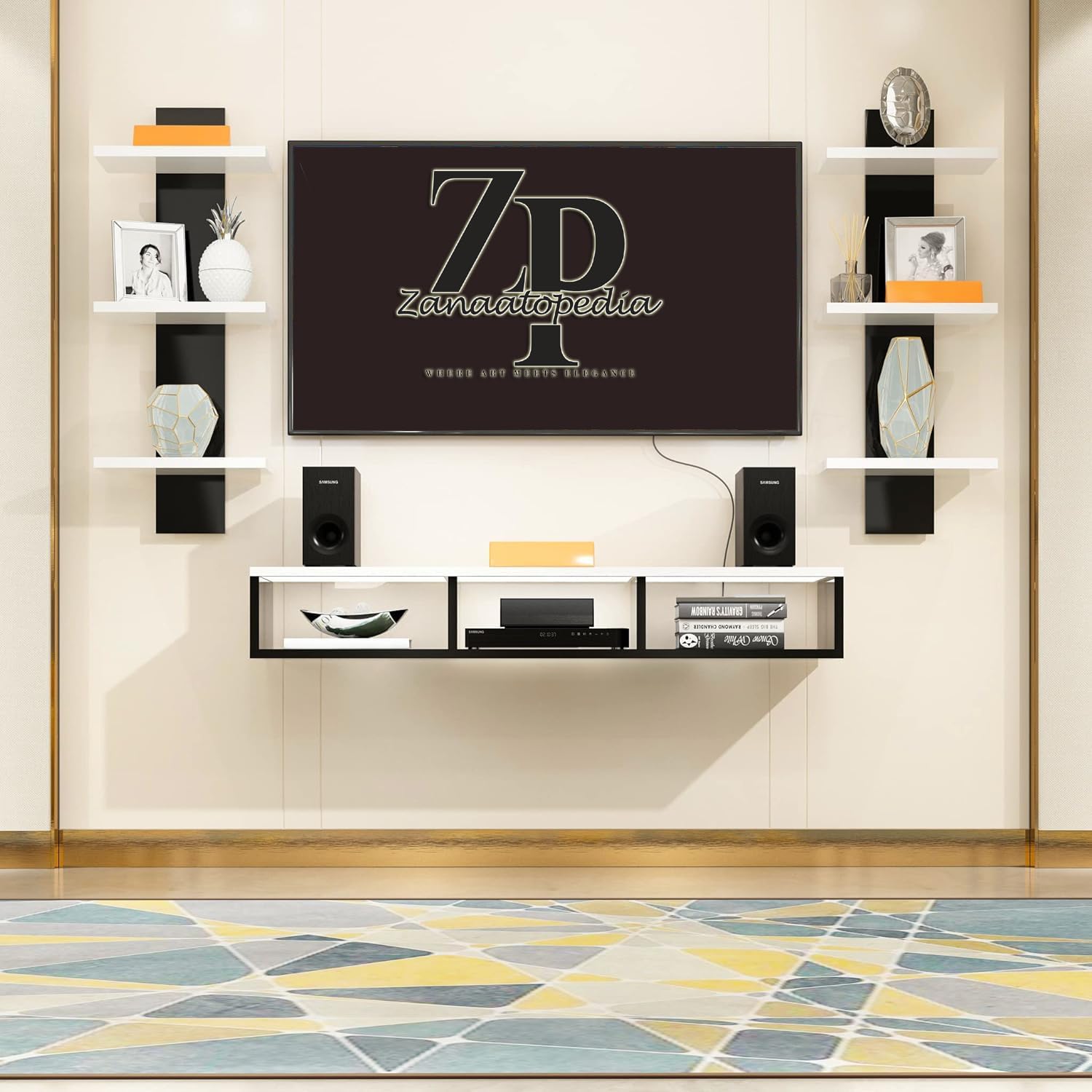 Zanaatopedia TV Entertainment Unit for Living Room/TV Stand Wall Mount/Engineered Wood TV Panel/Set-Up Box Holder/TV Unit for Home/TV Cabinet for 43" LCD (White and Black)