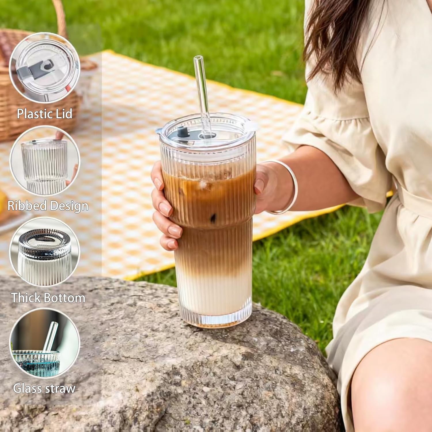 20 oz Ribbed Glass Tumbler with Straw and Lid, Vintage Glass Cup with Lid, Reusable Iced Coffee Cups Set for Iced Coffee Smoothie Juices, Elegant Drinkware for Home Party (6)