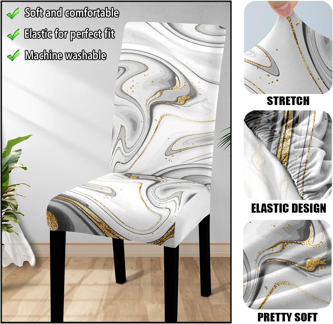 Marble Chair Covers Set of 4-Only Chair Covers,Stretchable Removable White Marble Chair Slipcovers Parsons Chair Slipcovers 4 Pieces for Dining Room Kitchen Home Decor