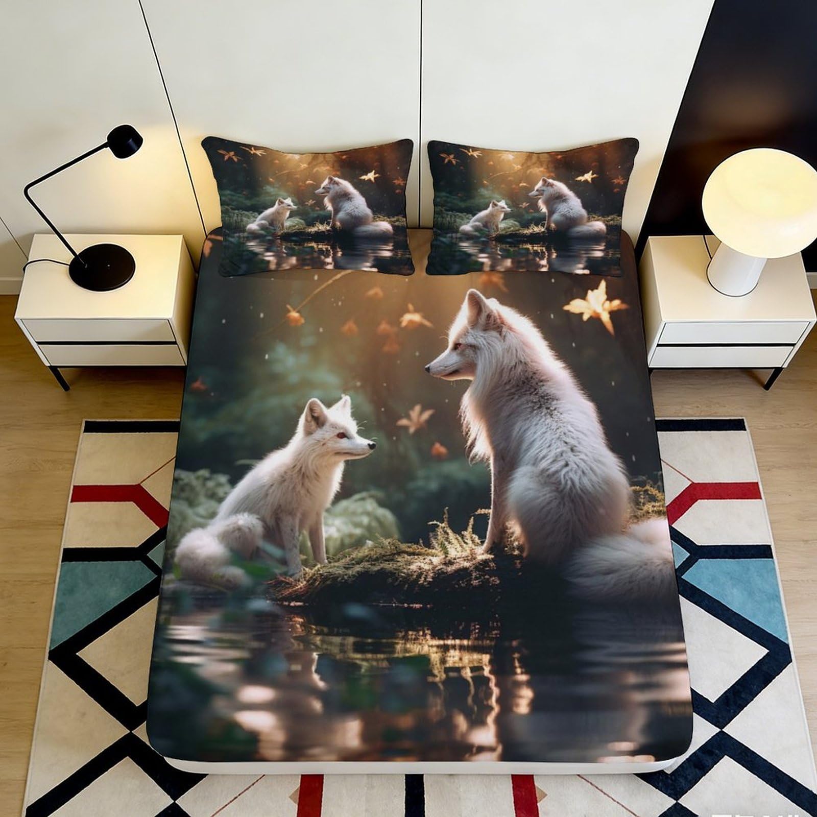 3D Printed Fox Forest Fitted Sheet Microfiber Soft Bedroom Decor Water Reflection Bed Cover for Adults Teens 90x200x25cm