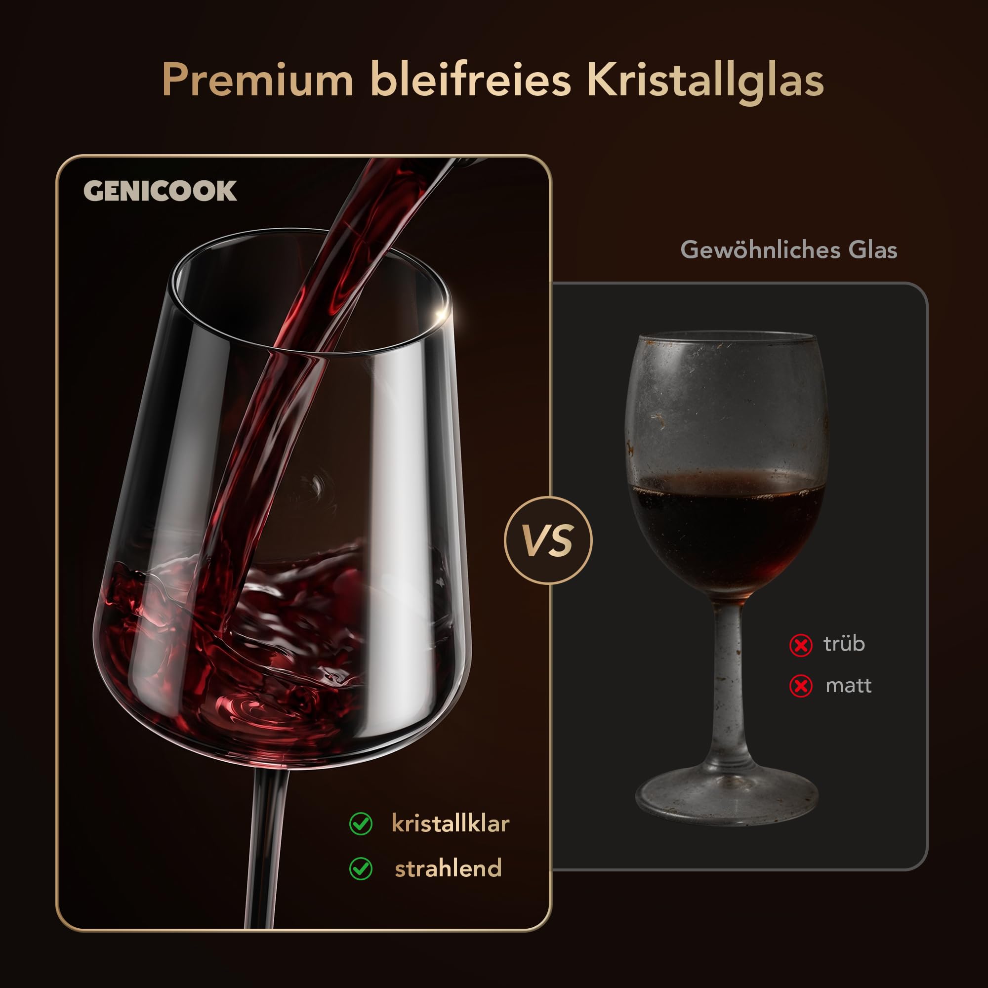 GENICOOK Rotweingläser 6er Set 530 ml – Mundgeblasene Kristallglas Weingläser, bleifrei & spülmaschinenfest, dünnrandig mit langem Stiel – elegante Weinkelche für Rotwein, Weißwein & Geschenkidee