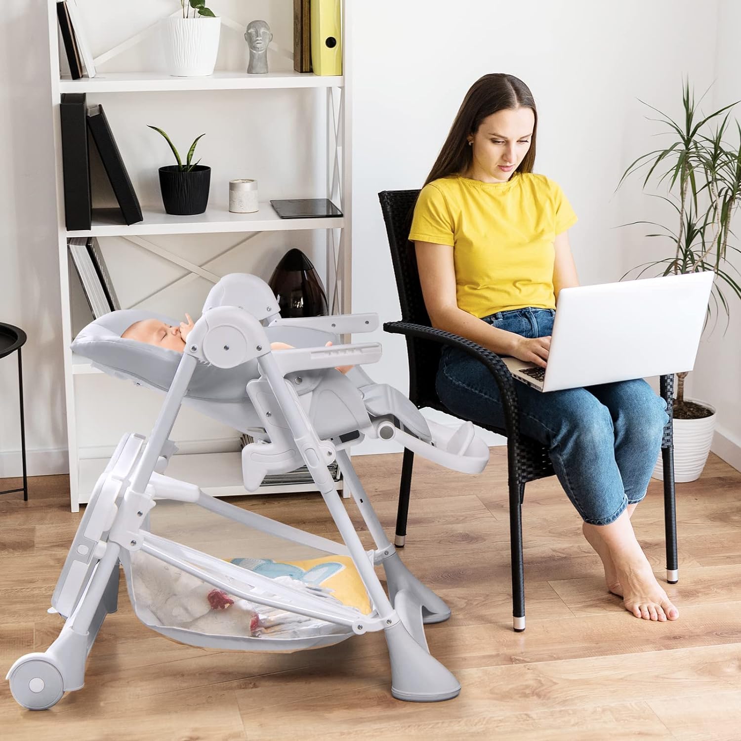 GOPLUS Trona Evolutiva Plegable Bebe para 6-36 Meses Hasta 15 kg, Silla Comer Portatil, 6 Niveles de Altura, 3 Ajustes de Reposapiés,5 Inclinaciones de Respaldo,Funda de PU, Cesta de Juguetes (Gris)