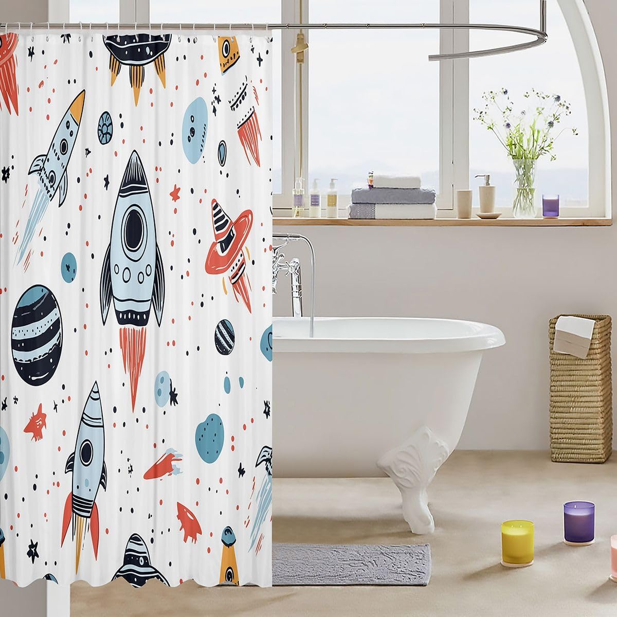 Feelyou Kids Space Rocket Shower Curtain Boys Universe Planet Bathroom Shower Curtain Set for Children Outer Space Adventure Bath Curtain Space Ship Design Waterproof Room Decor 72"x78"