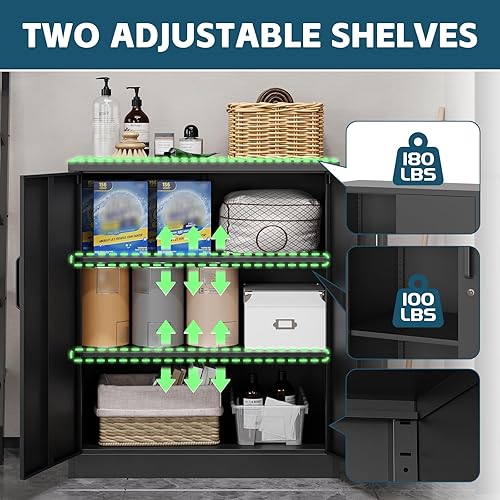 Miniatura 6 de MIIIKO Armario de almacenamiento de metal con puertas de bloqueo, armario de almacenamiento de 2 puertas con 2 estantes, gabinete de metal negro con