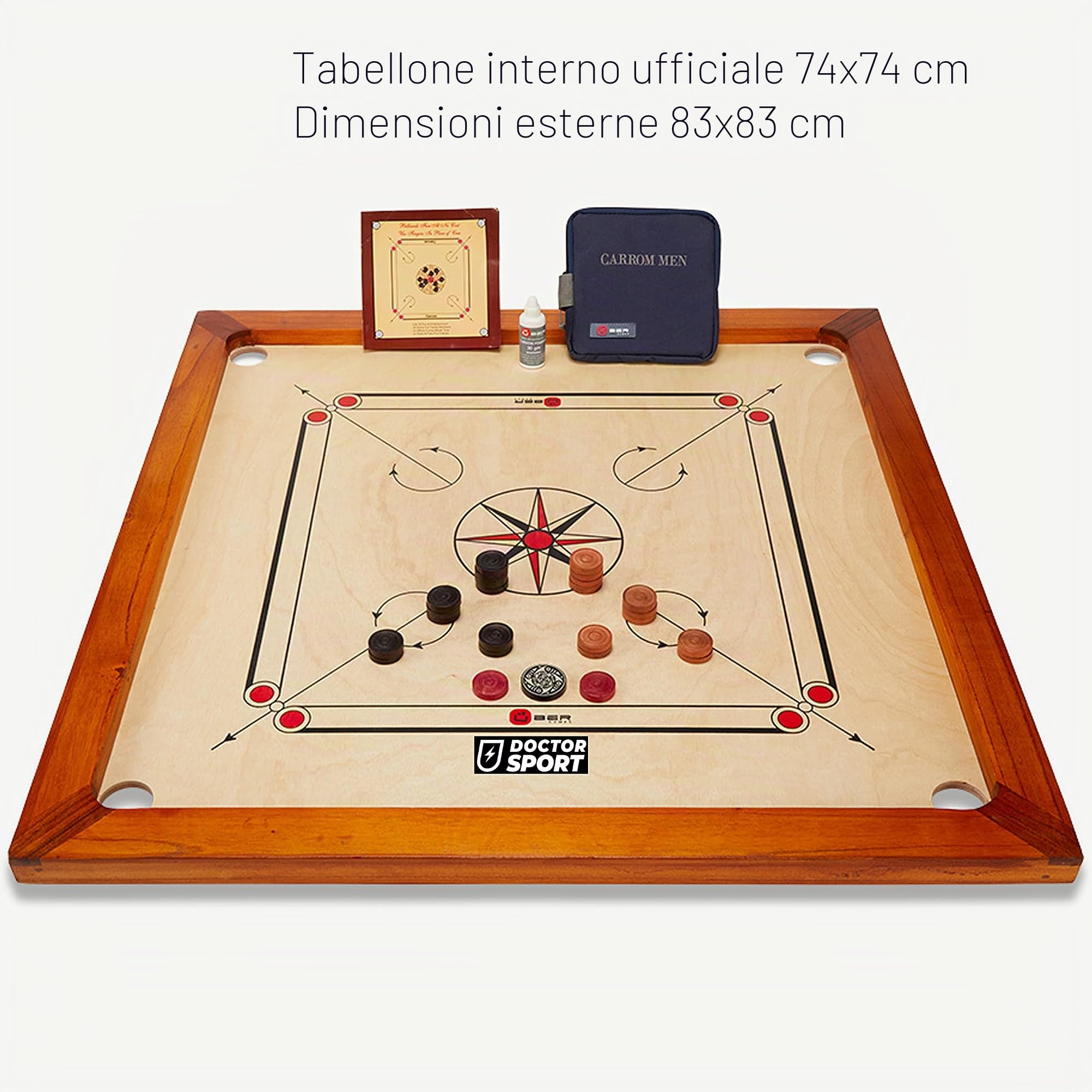Tavola da gioco a quadri per Carrom, in legno di Kikar, prodotto in India, con pedine in un piccolo sacchetto, perfetto e completo (standard)