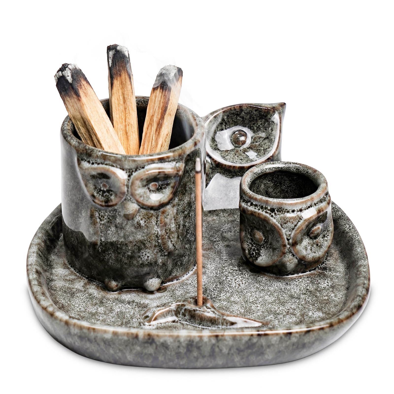 ZONSUSE Multifunctional Owl Incense Burner Tray, 4-in-1 Incense Burner Candle Holder, Ceramic Ash Catcher Tray for Sage, Palo Santo, Sticks and Candle, Home Decor & Meditation Gift (Grey Owl)
