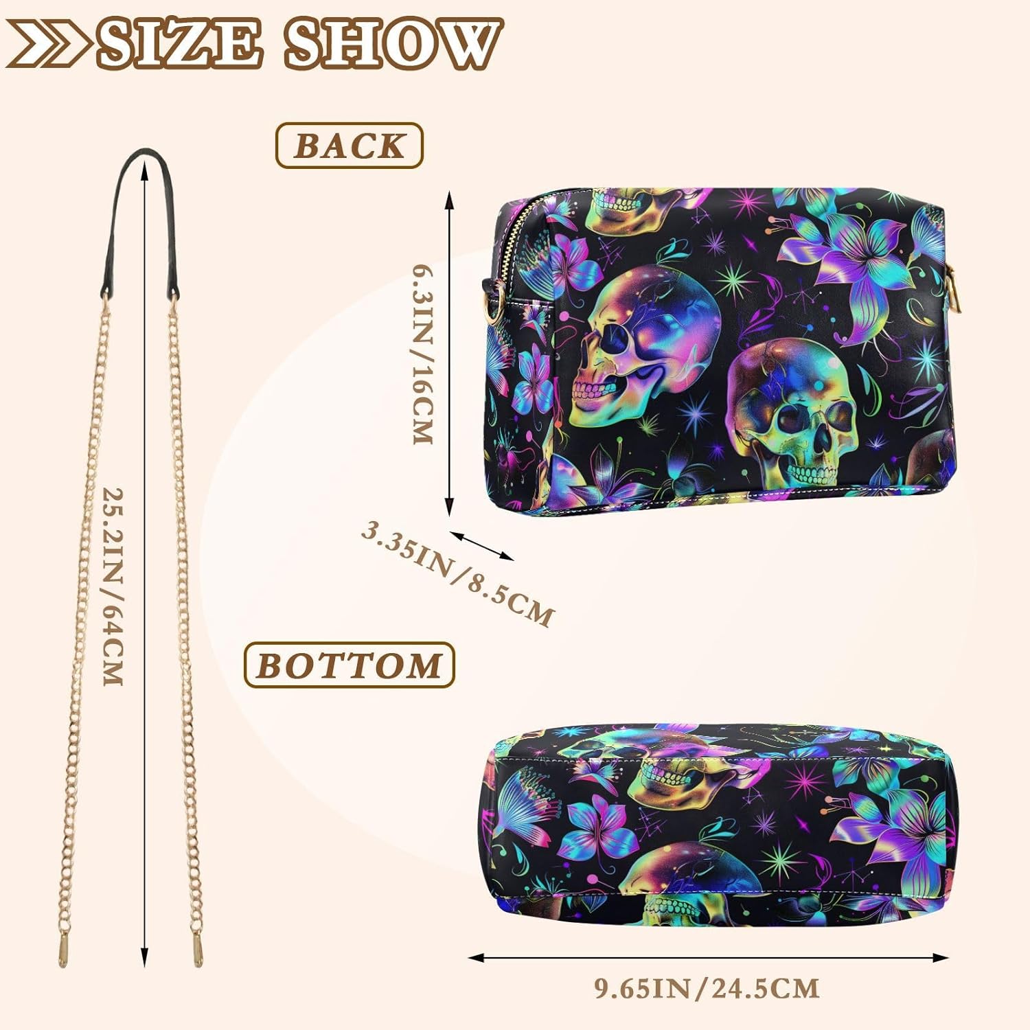 KLL Neon Rainbow Color Skull and Flowers Gothic Fantasy Style Fashion Small Crossbody Bag Women Vegan Leather Casual Womens Purse Waterproof Ladies Shoulder Handbags
