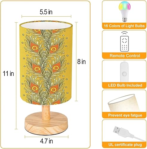 Miniatura 4 de Lámpara de noche para dormitorio, patrón de plumas sin costuras, fondo dorado, lámpara de mesa de lino, lámpara de mesa regulable con base de madera