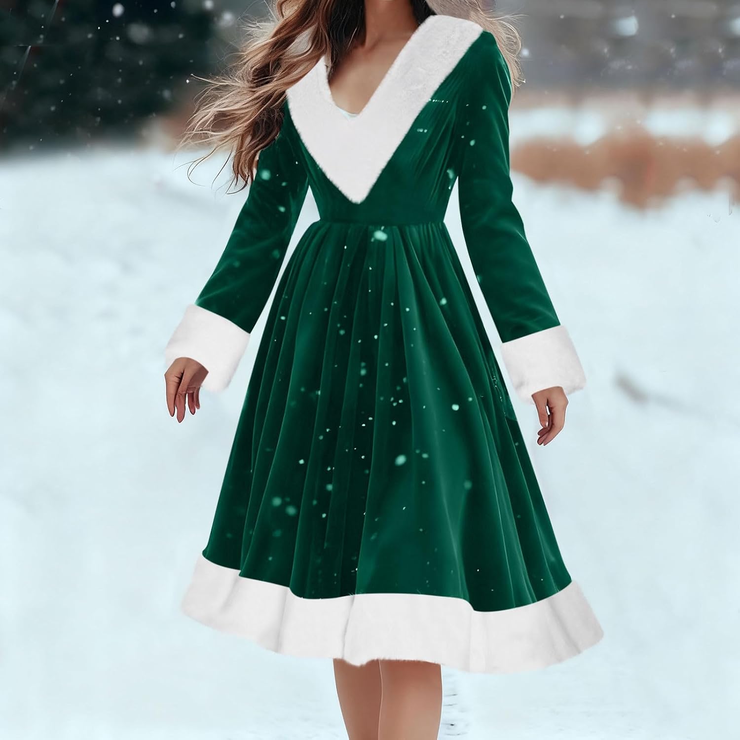 JOAU Velvet Christmas Midi Dress for Women Long Sleeve Cocktail Party Holiday Dresses Faux Fur Trim V Neck A-Line Xmas Dress
