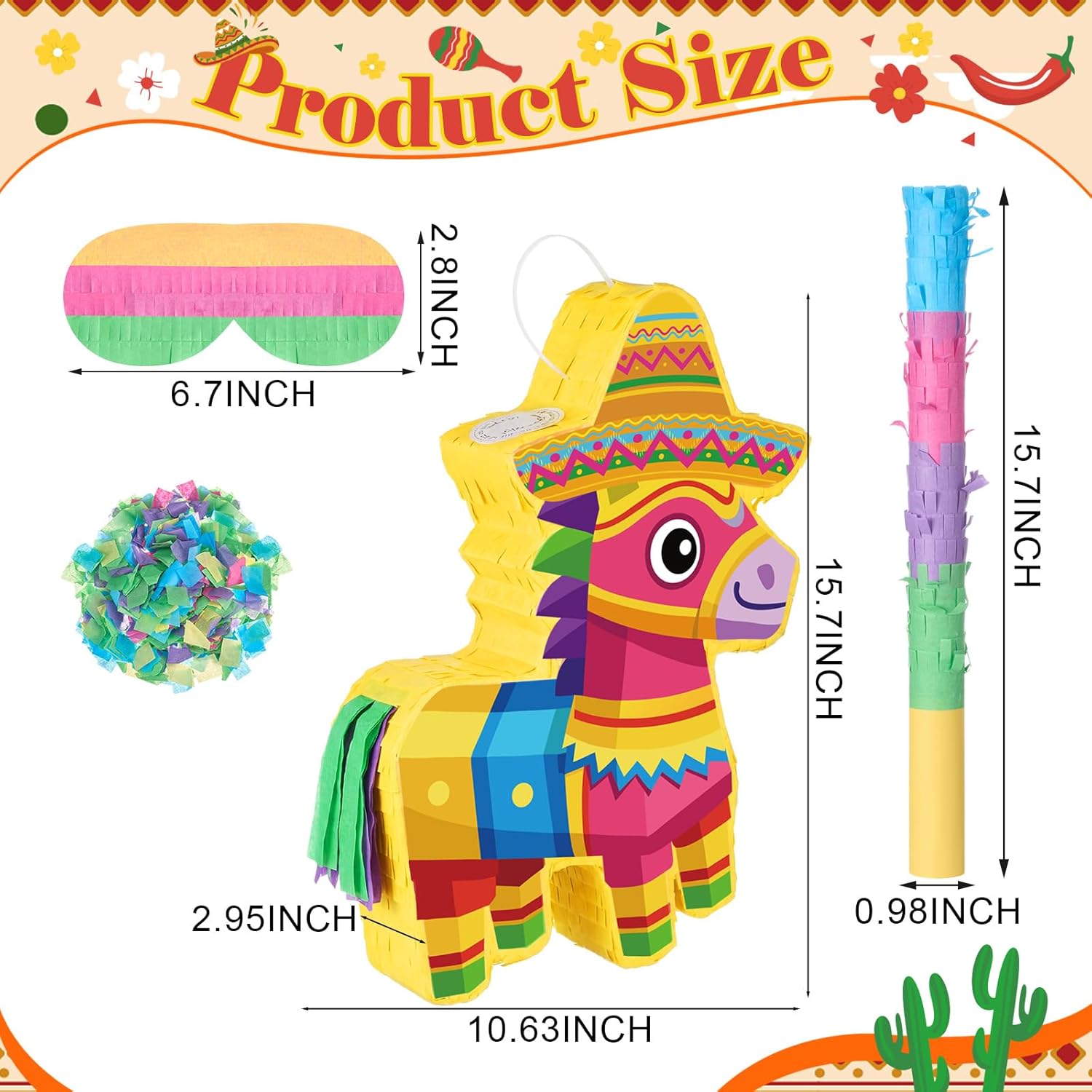 Lewtemi Mexican Donkey Piñata for Birthday Party Cinco de Mayo Fiesta Decorations with Piñata Stick Blindfold Confetti Set