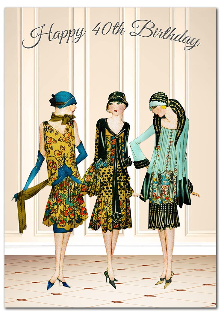 Extra Large 40th Birthday Card for Women - XL Big thick A4 size - Special Age Year - Fashion Retro Flapper Girls Art - Beautiful Female Greeting Her Huge Happy Wishes Nice - UK Eco-Friendly