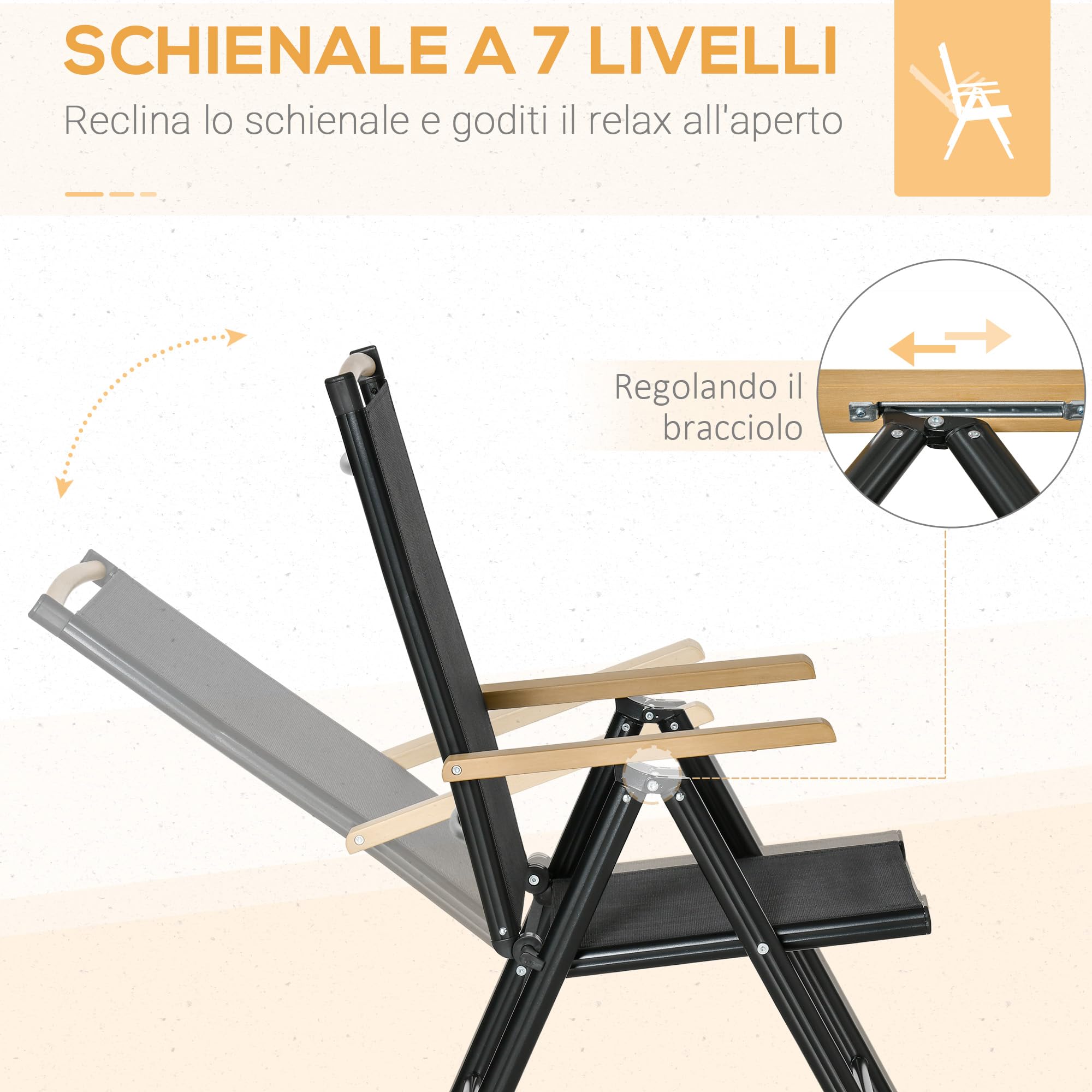Outsunny Set Tavolo da Giardino 7 Pezzi, Sedie Pieghevoli Regolabili Alluminio Textilene Nero