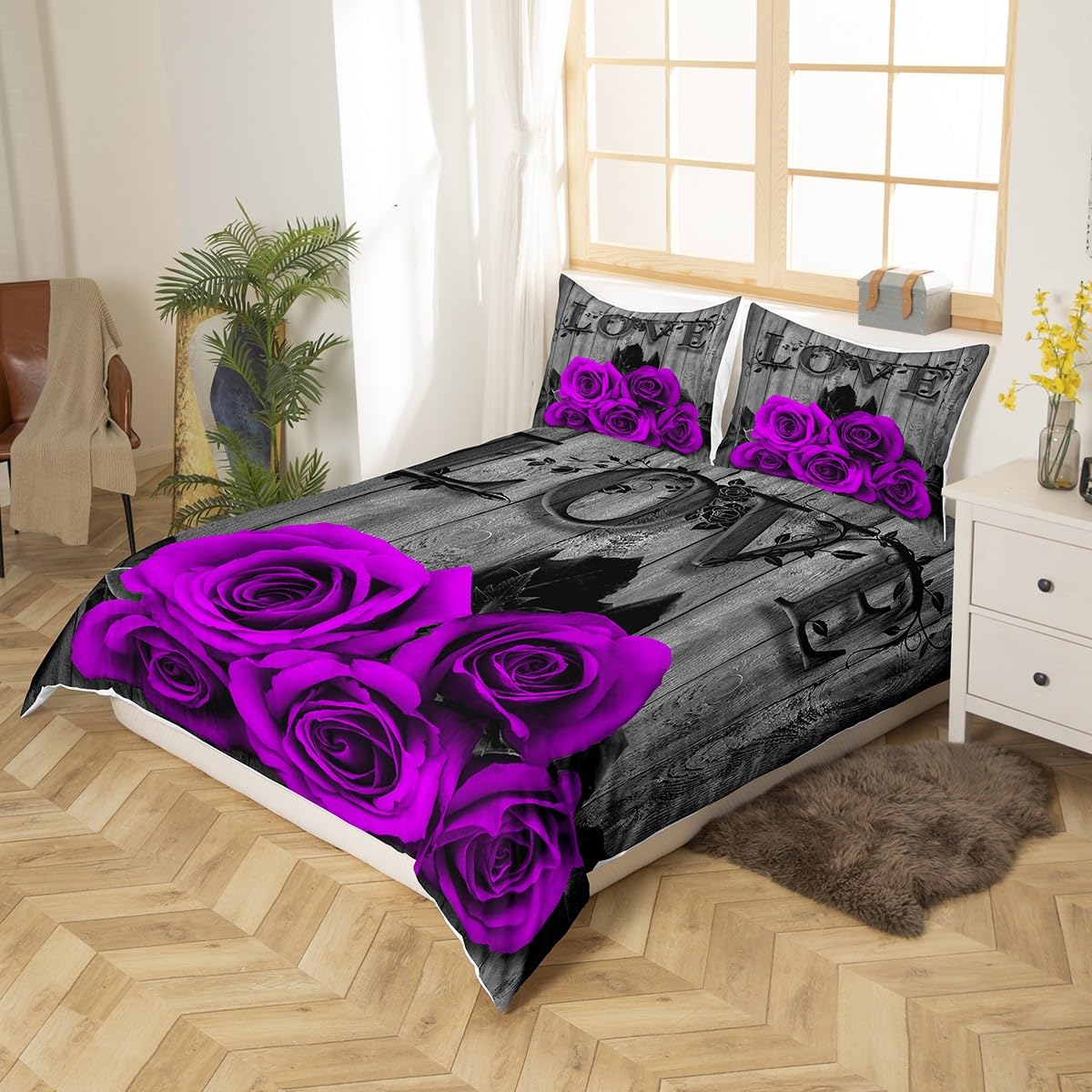 Erosebridal Purple Rose Duvet Cover Queen Purple Black Romantic Floral Bedding Set for Girls Women Valentine's Day Blossom Flower Comforter Cover Retro Rustic Farmhouse Rose Bed Set 2 Pillow Cases