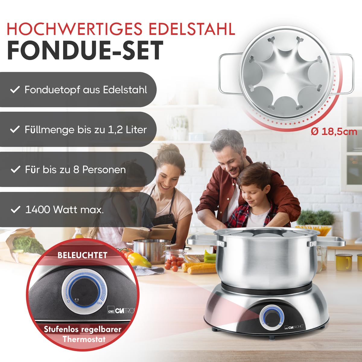 Clatronic FD 3783 - Pentola elettrica per fonduta con paraspruzzi rimovibile, per 8 persone, con forchette per fonduta in acciaio inox, codice colore, capacità max. 1,2 litri/1400 Watt, in acciaio