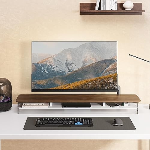 Miniatura 2 de Fenge Soporte de acrílico para monitor, soporte de monitor doble de 42.5 pulgadas con almacenamiento de metal, elevador de computadora acrílico de 2