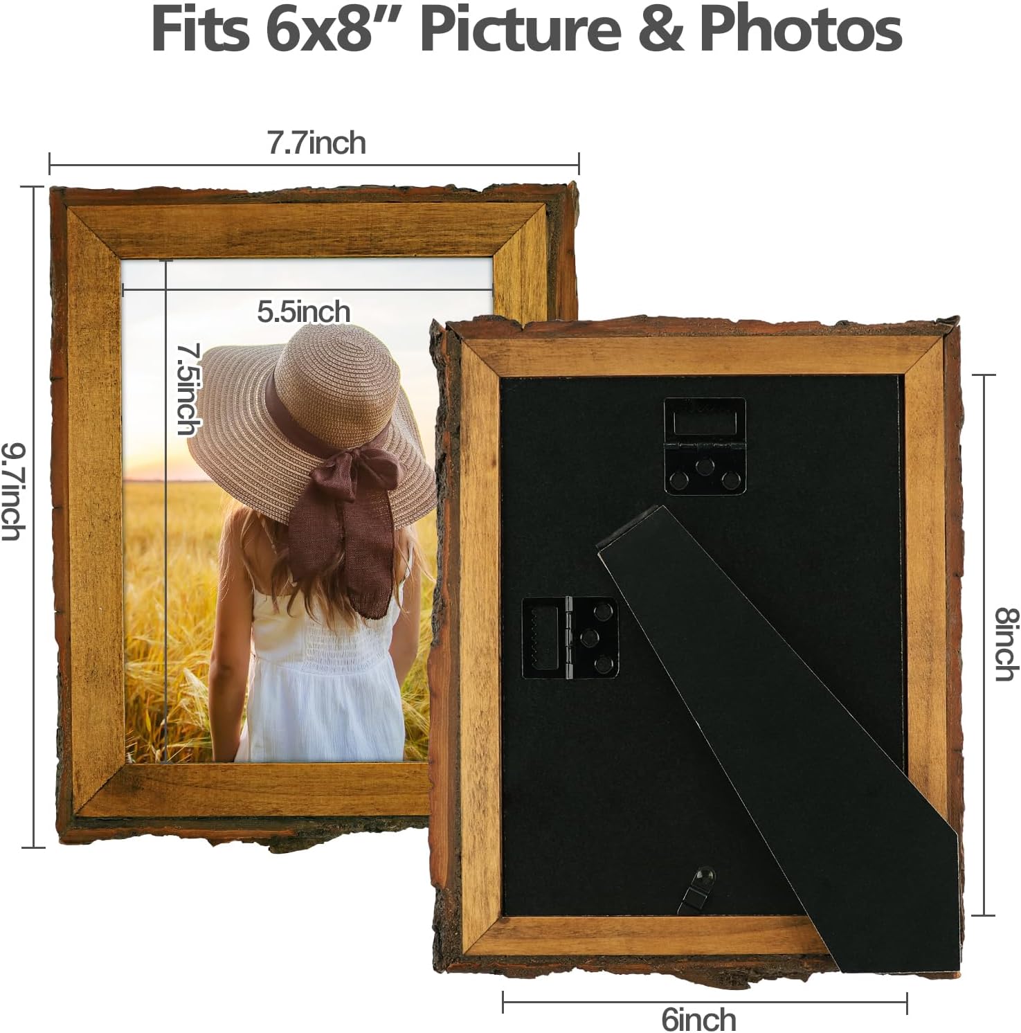 Golden State Art, 6x8 Picture Frame Rustic Brown, Solid Wood Picture Frame with Bark Edges & Real Glass Cover, Display Posters/Photos/Prints 6x8 for Wall Mounting, Farmhouse Decor - Image 2