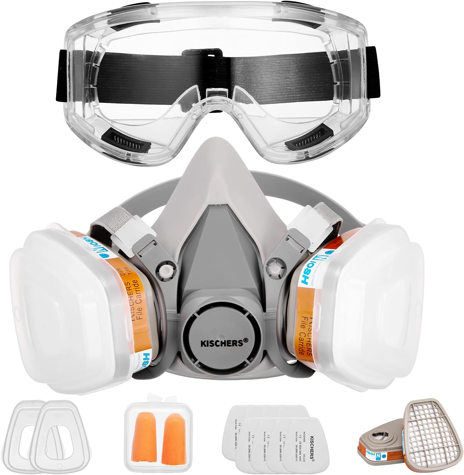 Reusable Half Facepiece and Anti-Fog Safety Goggle Set Against Dust/Organic Vapors/Smells/Fumes/Sawdust/Asbestos Suitable for Painting,Staining,Car Spraying,Sanding &Cutting
