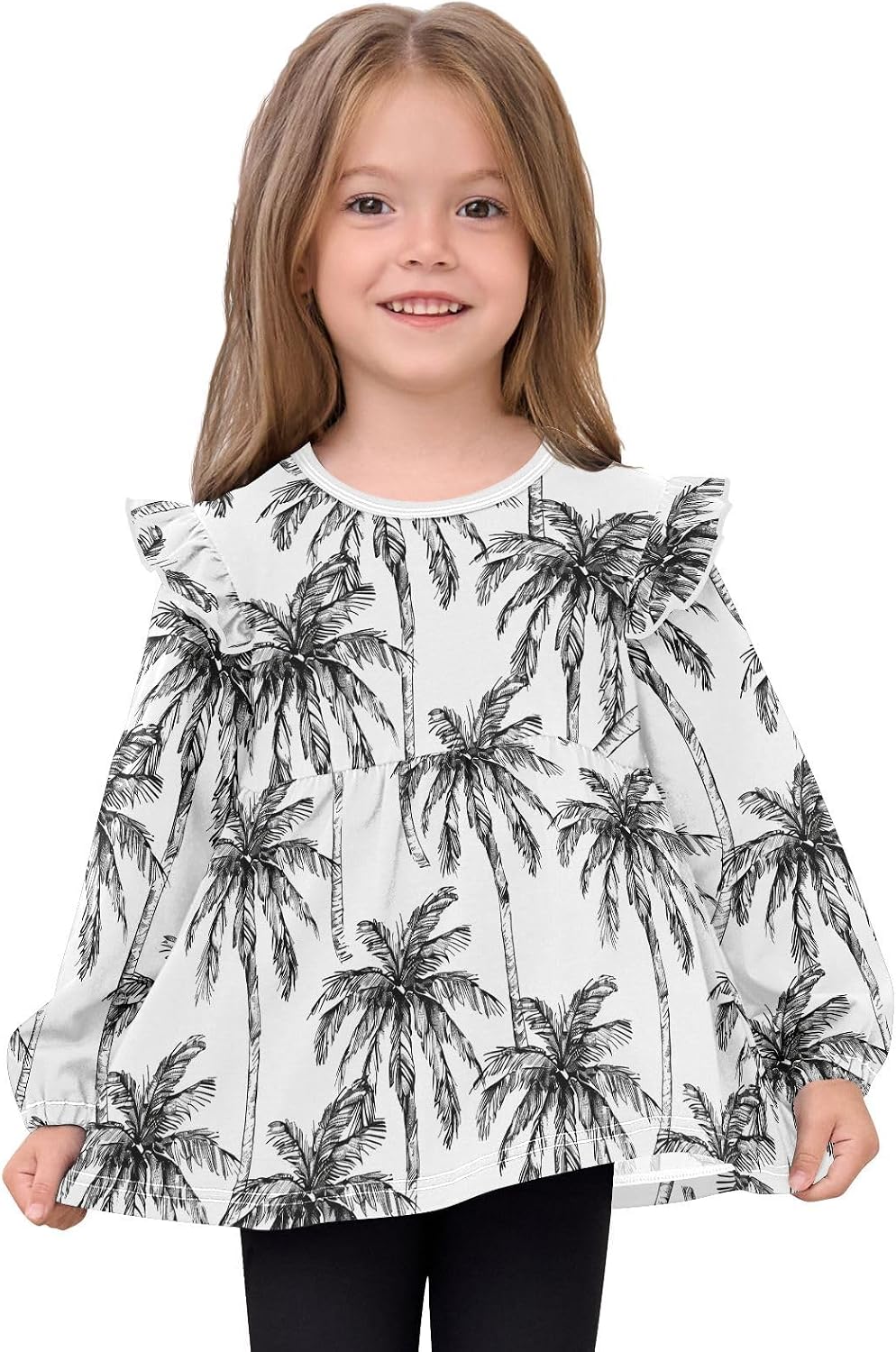 visesunny Toddler Clothes for Girls Sketching Palm Tree Long Sleeve Fall Shirts Cotton Top with Ruffle Collar