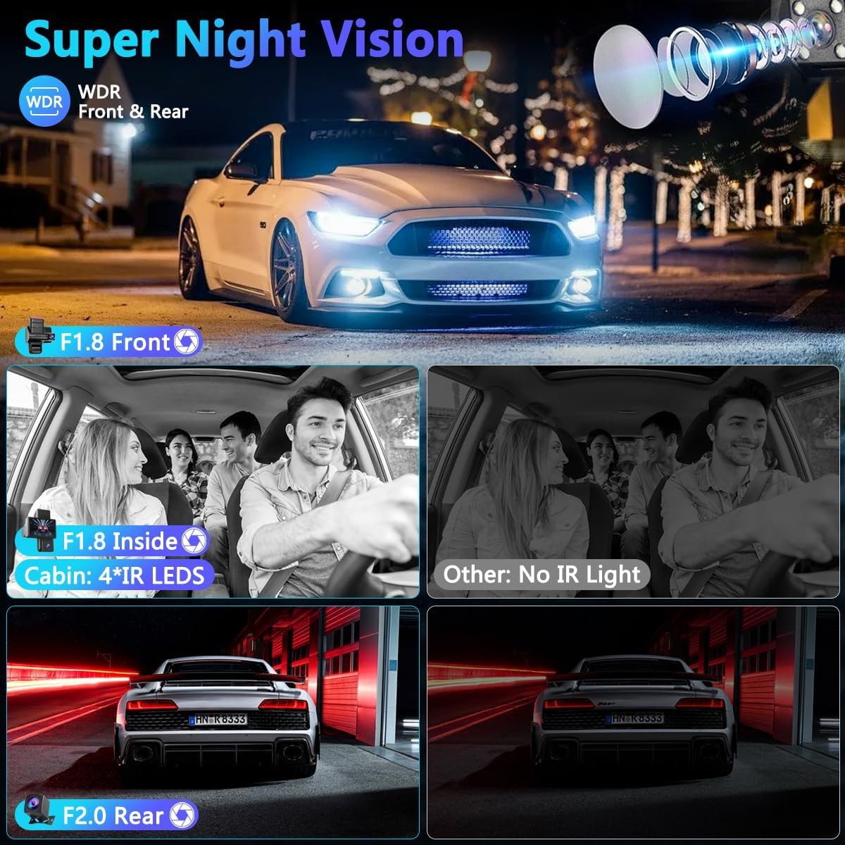 Front and Rear Dash cam with Parking Monitoring, 2K + 1080P Camera with 32 GB SD Card, Motion Detection, Infrared Night Vision, Sensor