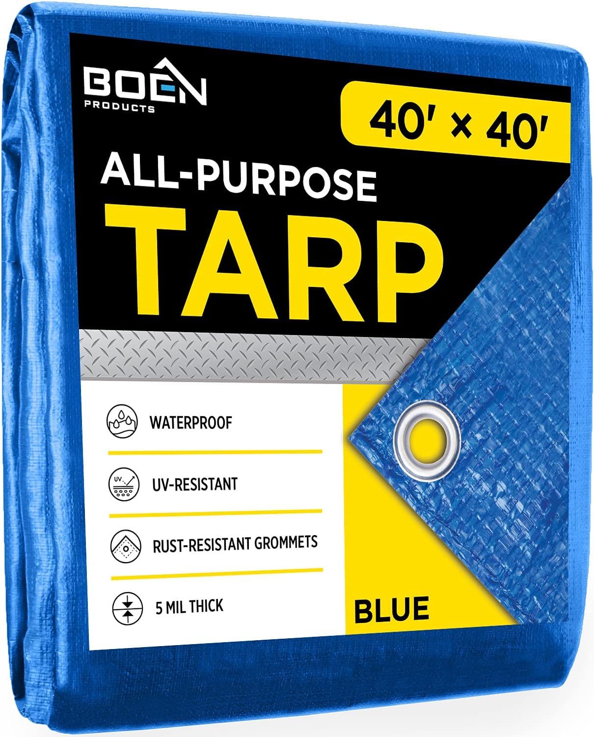Multi-Purpose Blue Poly Tarp Cover (Blue, 40' x 40') 5 Mil Thick Weave Material, Waterproof, Great for Tarpaulin Canopy Tent, Boat, RV or Pool Cover