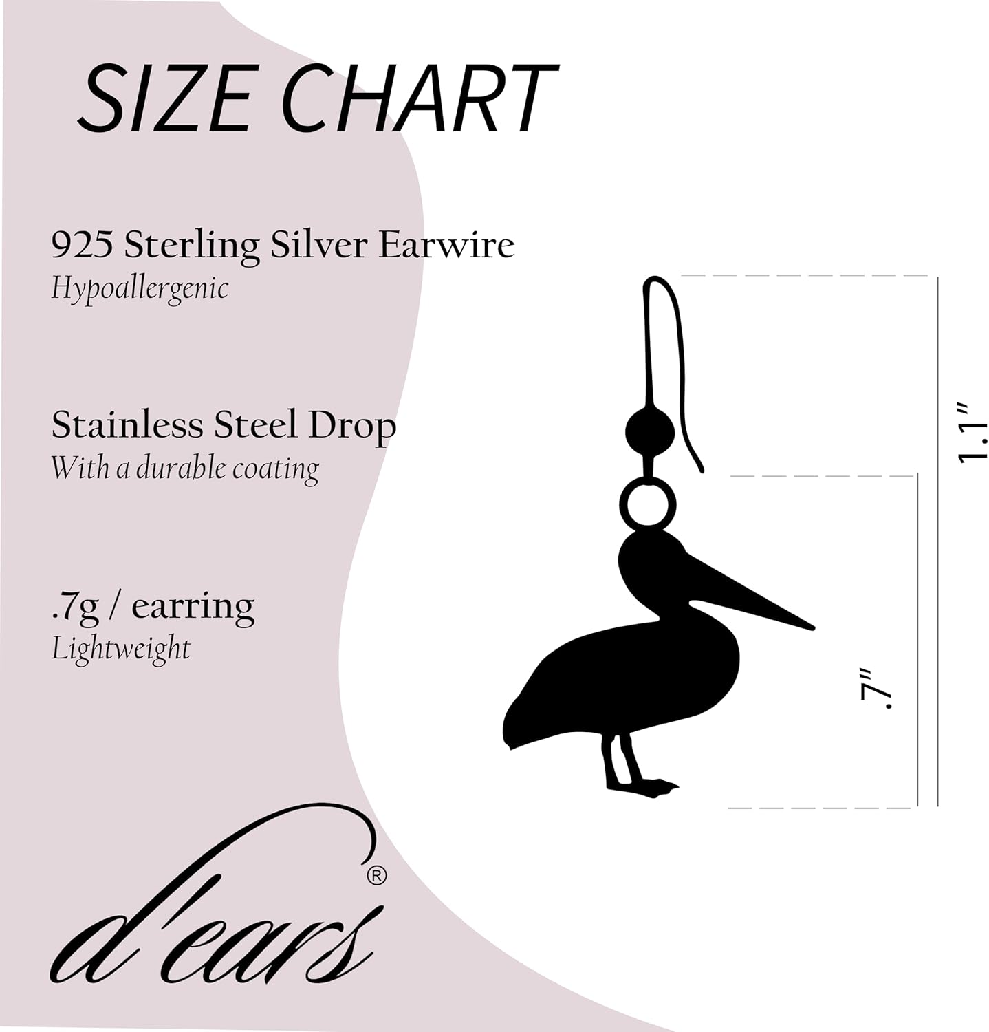 Pelican Earrings by d'ears #2081 Non-Tarnish Sterling Silver French Hook Ear Wire, made in the U.S.A. by family run small business. Great abstract art for wearable art