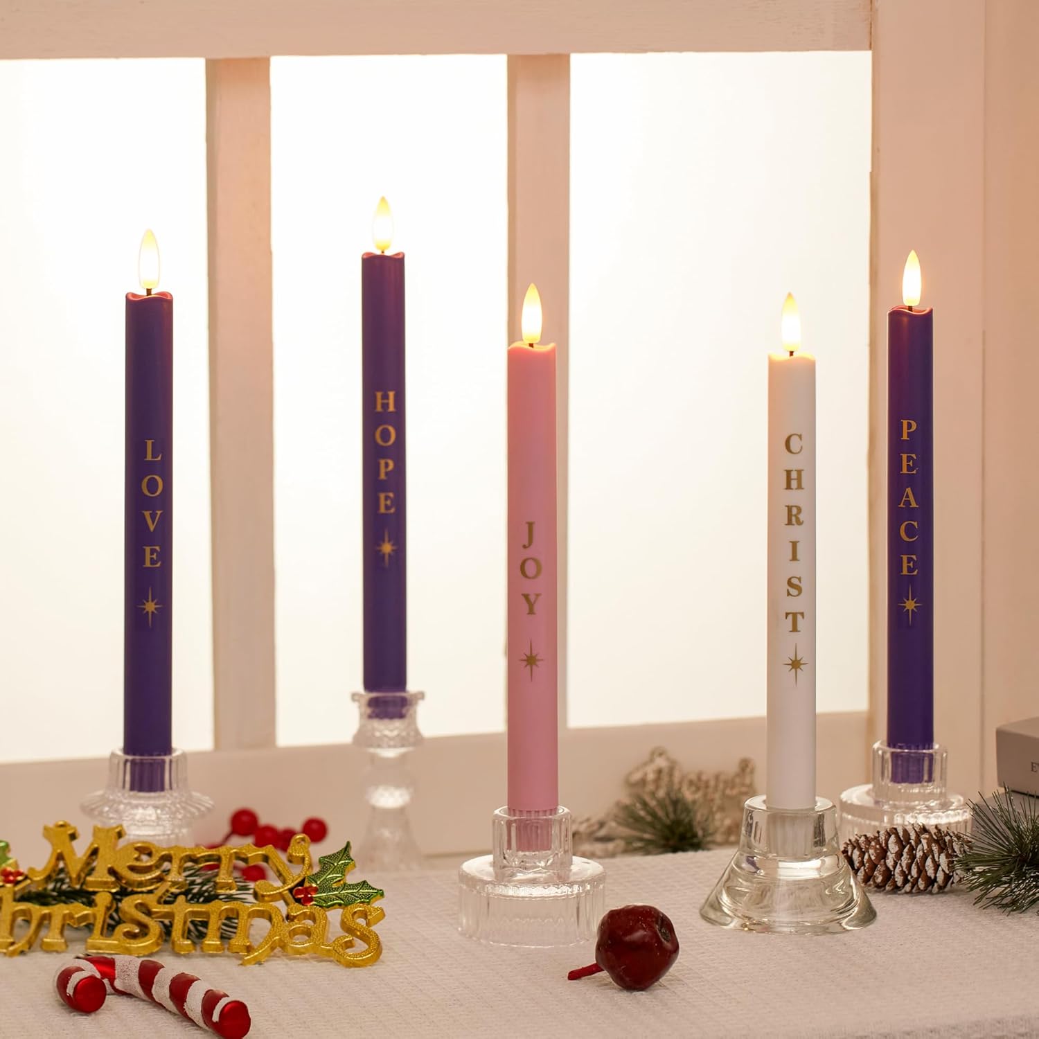 Stmarry Flameless Advent Candles Battery Operated, Advent Candles Set of 5, 10 Inch Tall, Realistic 3D Flames and Remote Control, Electric LED Candle Set for Advent Wreath