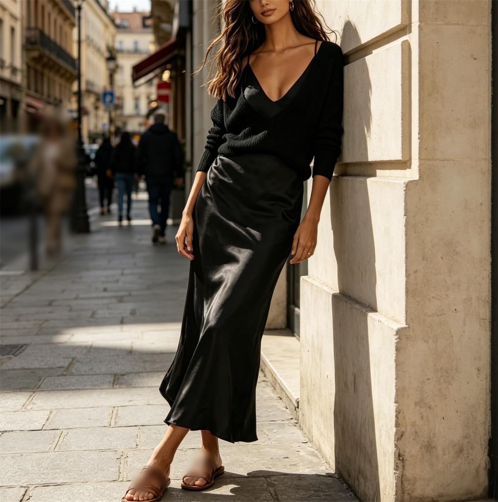 Generico Completo donna 2 pezzi: top in maglia a maniche lunghe con scollo a V profondo e gonna sottoveste in raso – Outfit coordinato casual-chic ed elegante