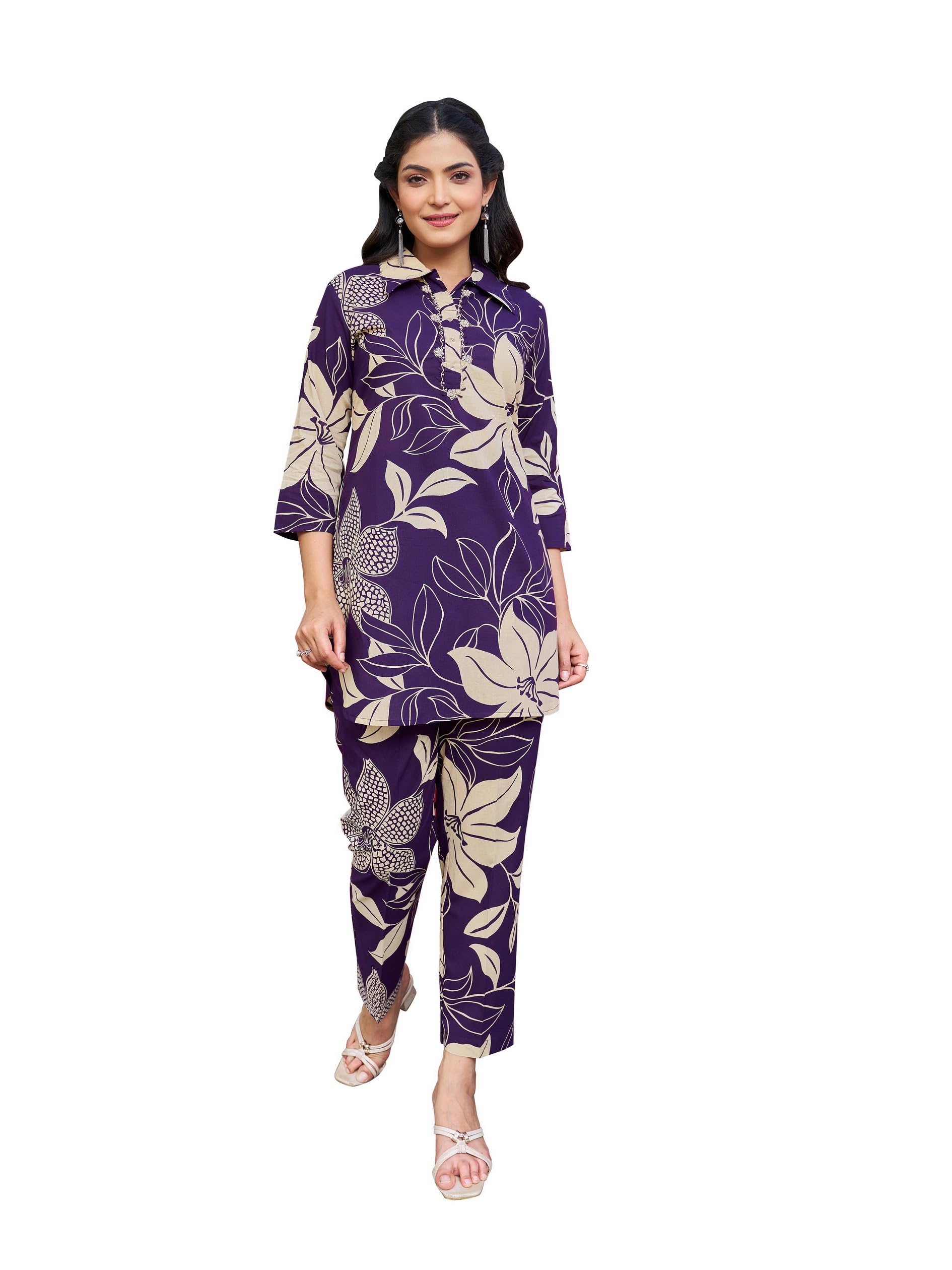 Women's Printed Pure Cotton Purple Top Trousers Co-Ords(VC_5032CO)-image-14