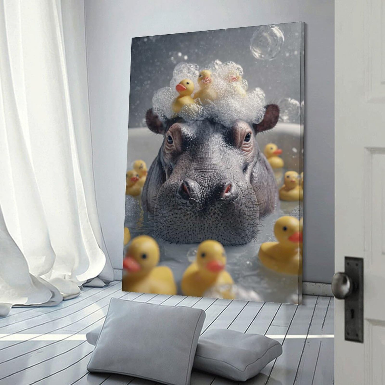 Junmoney Frame-Style-4 Hippo In Bathtub With Rubber Ducks Decorative Wall Artwork, 08X12inch(20X30cm), For Home Lounge, Bedroom Or Reading Nook, Eye Catching Artwork For Blank Walls