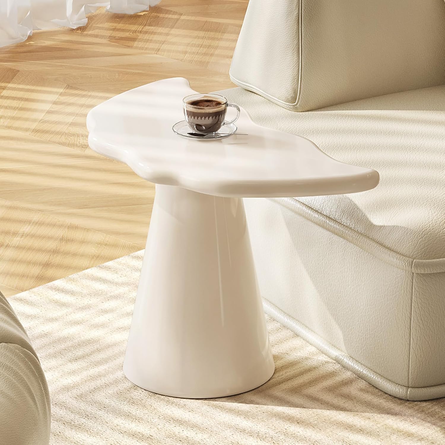 Cream Style Side Table,Irregular Side Table,Small Coffee Table with Cylindrical Leg,Cute Coffee Table for Small Spaces,Easy Assembly