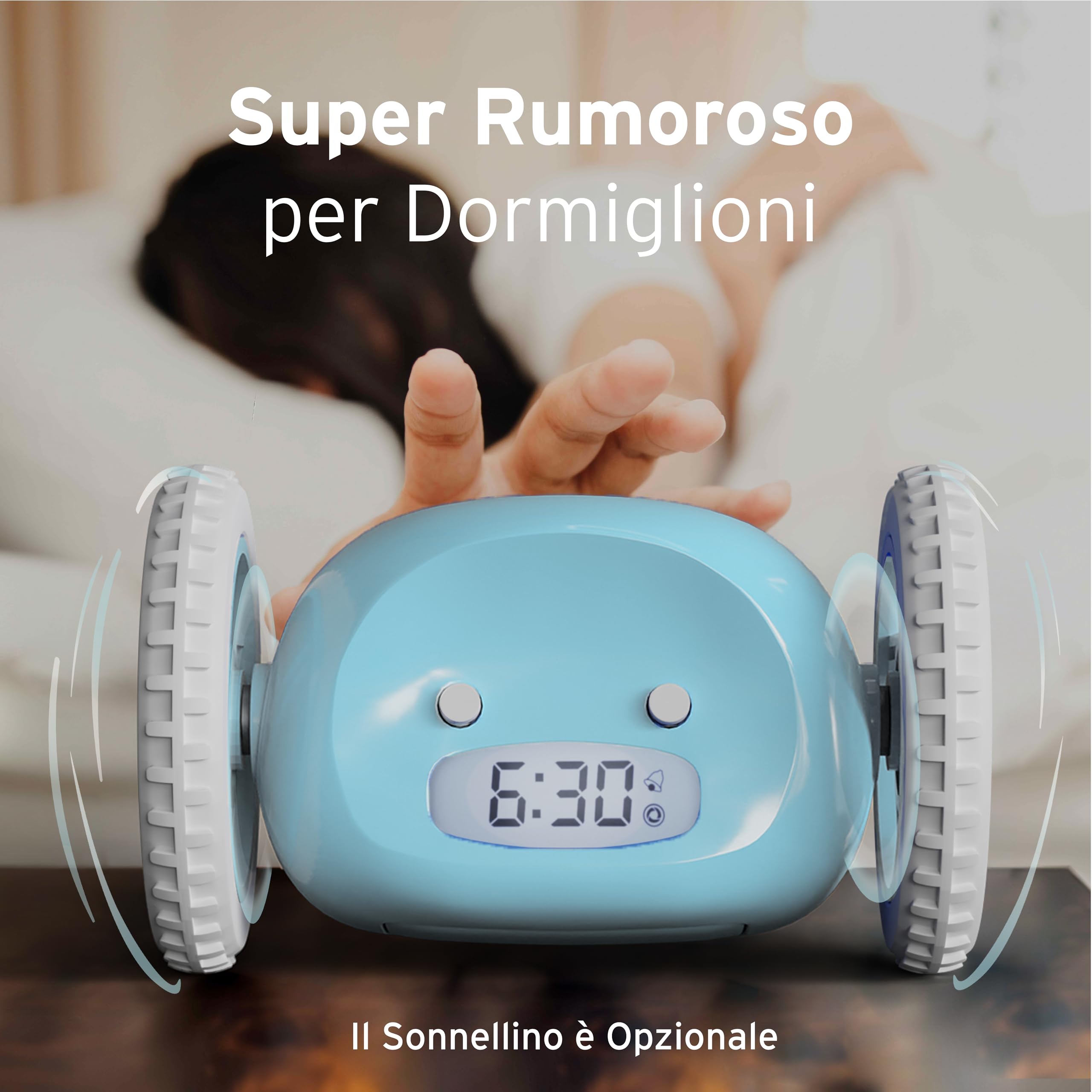 CLOCKY Sveglia Rumorosa per chi ha il Sonno Pesante Dormiglioni Pesante Sordi Ruote Sveglia Digitale da Comodino per Dormienti Rumorissima Adulti Bambini che Scappa Cammina Regali Divertenti (Blu)