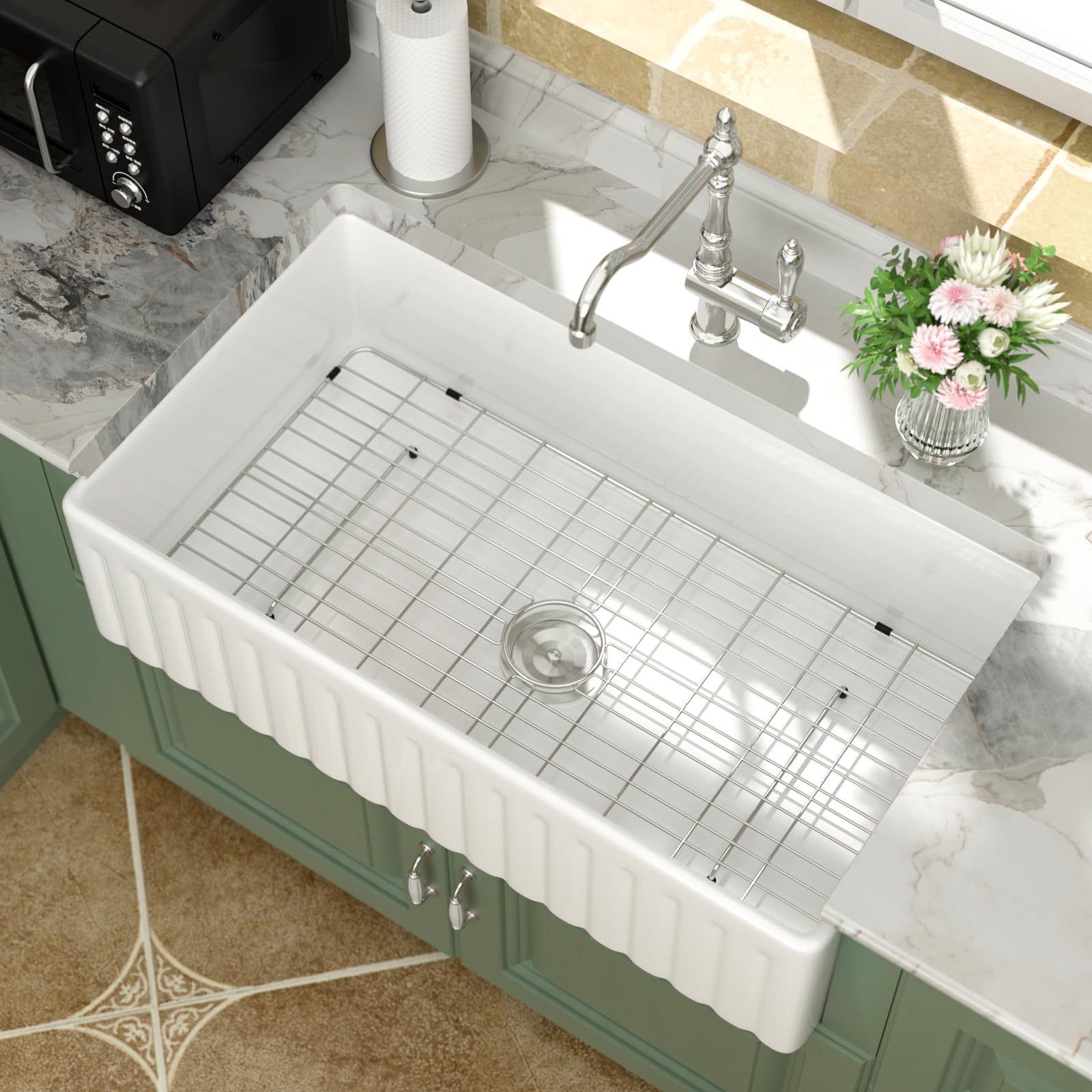 Évier de cuisine Logmey en porcelaine blanche anti-tache grand format 91cm