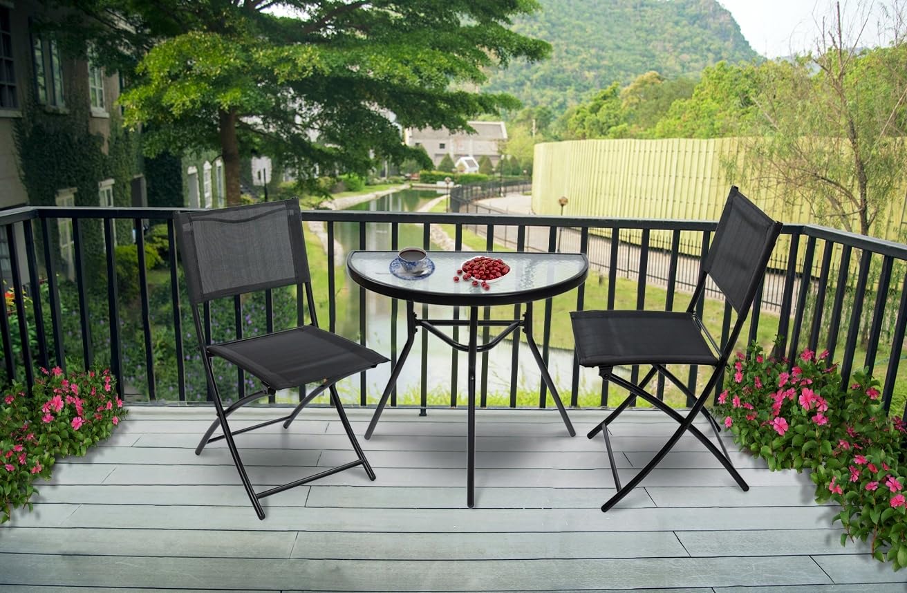 JUMI Praktischer Gartentisch 70 x 64 x 40 cm – Halbrunder Balkontisch für Balkon, Terrasse, Garten, Camping – Kompakter Tisch mit Glasplatte - Metallrahmen, Schwarz