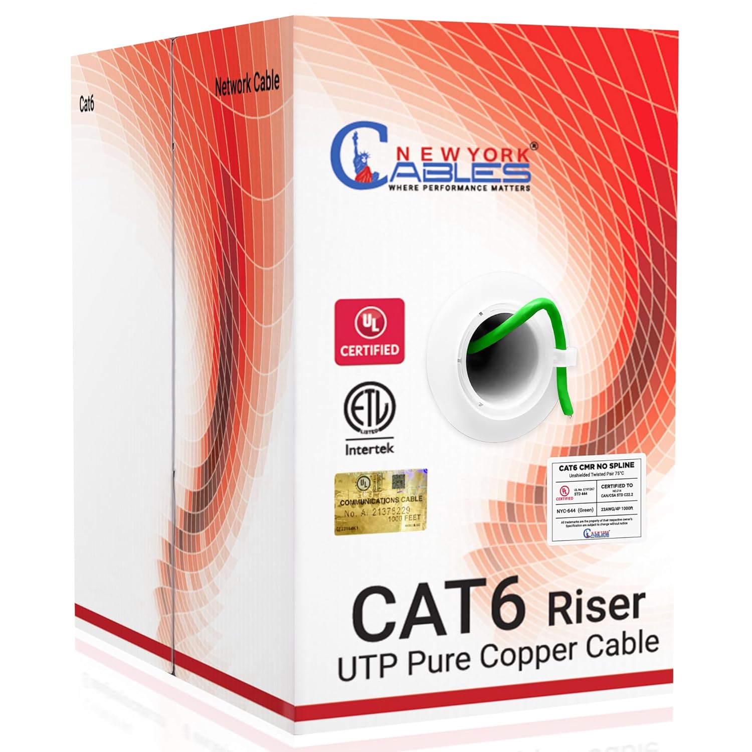 NewYork Cables CAT6 Riser Cable 1000ft Green| 100% Pure Copper UL & ETL Listed CMR UTP 550MHz 23AWG 4Pair 10GB PoE++ Most Certified High-Speed Bulk Cat 6 Ethernet Cable Box 1000ft for Networking