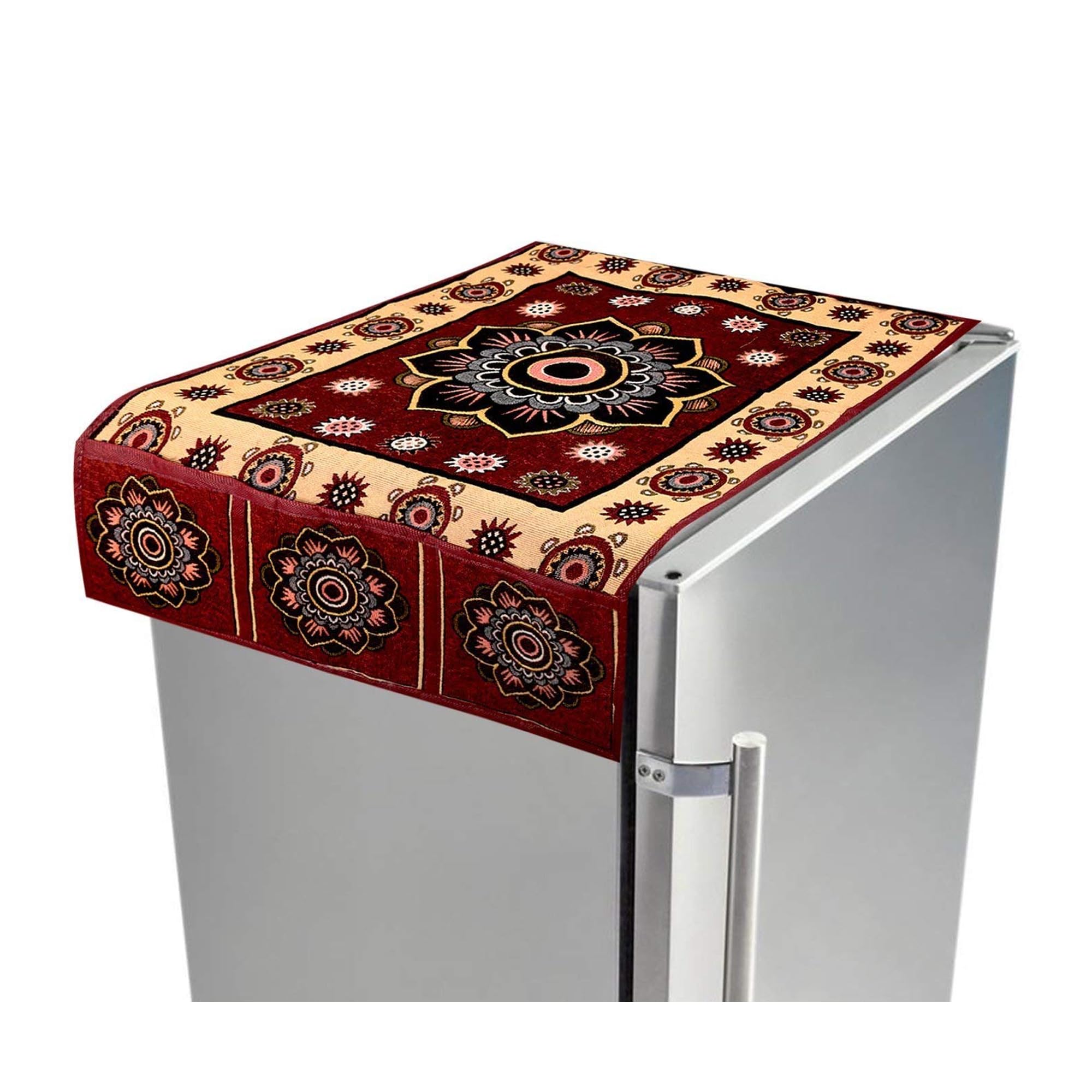 Kuber Industries Fridge Top Cover | Cotton Refrigerator Top Cover | Rangoli Pattern with 6 Utility Pockets | Refrigerator Dust Proof Cover | Maroon & Cream