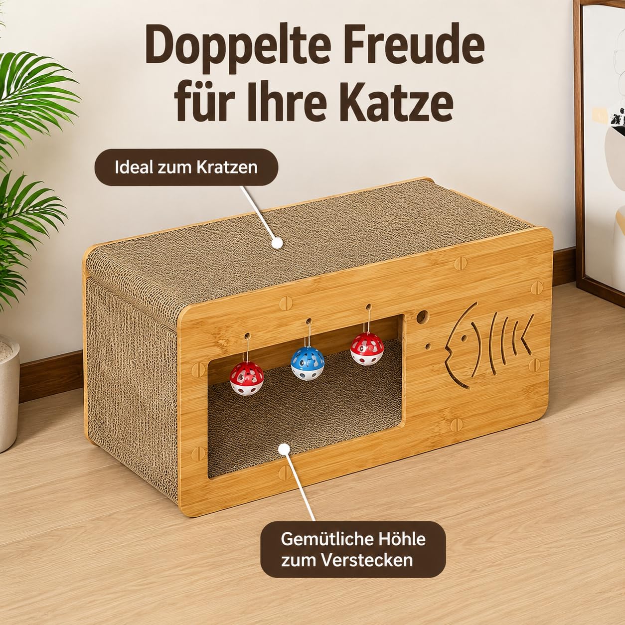predolo Kratzhaus Katze aus Wellpappe, Katzenhöhle Pappe mit vertikaler Kratzfläche für Wohnungskatzen, Kratzhaus Katzenmöbel für Ruhe und Spiel, Einzelnes TV-Gerät, 55 x 28 x 26 cm