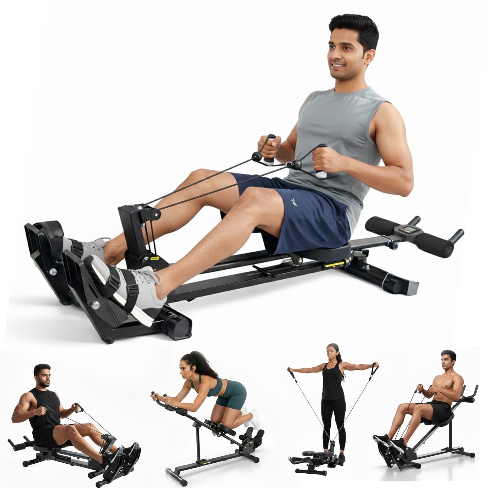 91-Durafit Scullos Rowing Machine with AB Trainer | Home Gym Fitness Equipment | 150 Kg Capacity | LCD Display